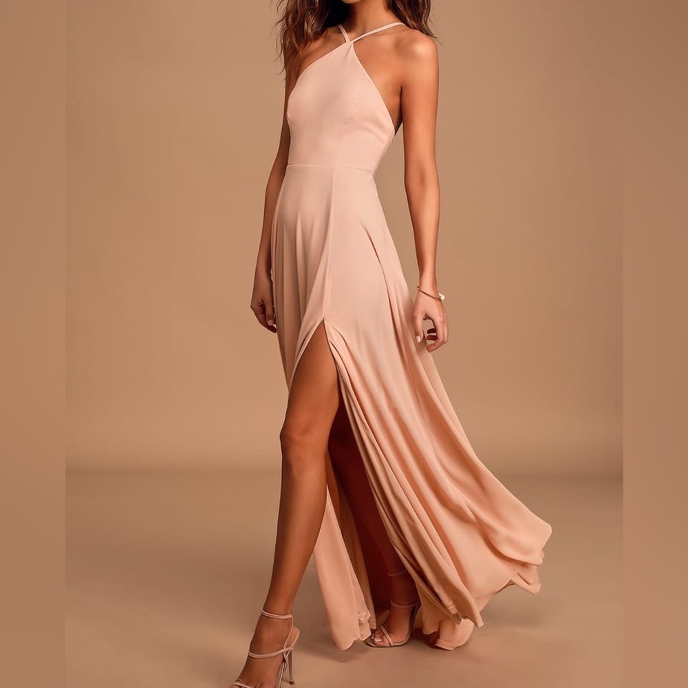 Lulus Blush Pink Maxi Dress Lightweight woven chiffon modified halter neckline